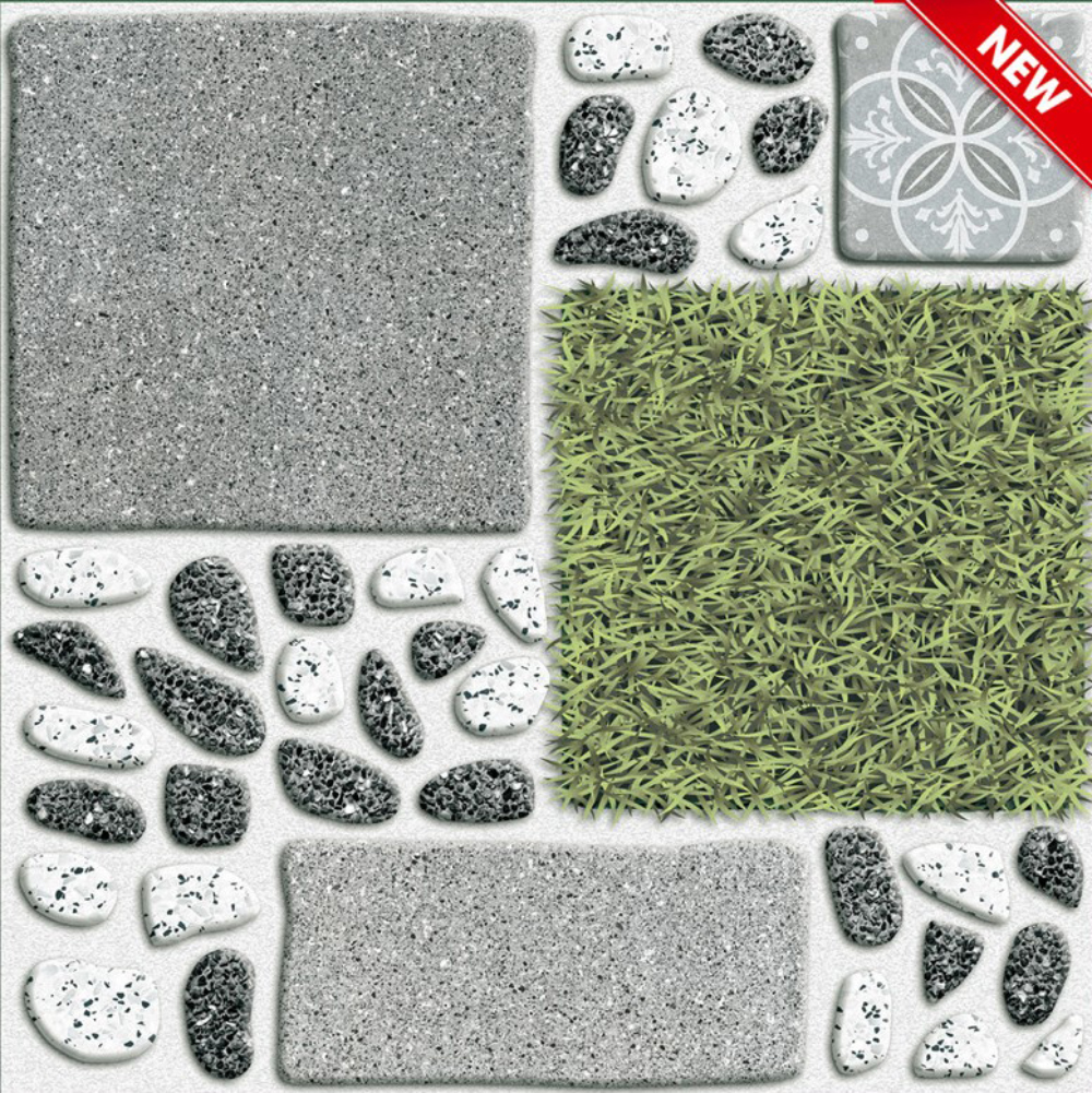 Mẫu gạch sỏi kết hợp nền đá xi măng, nền cỏ xanh - MTV52001/500x500mm
