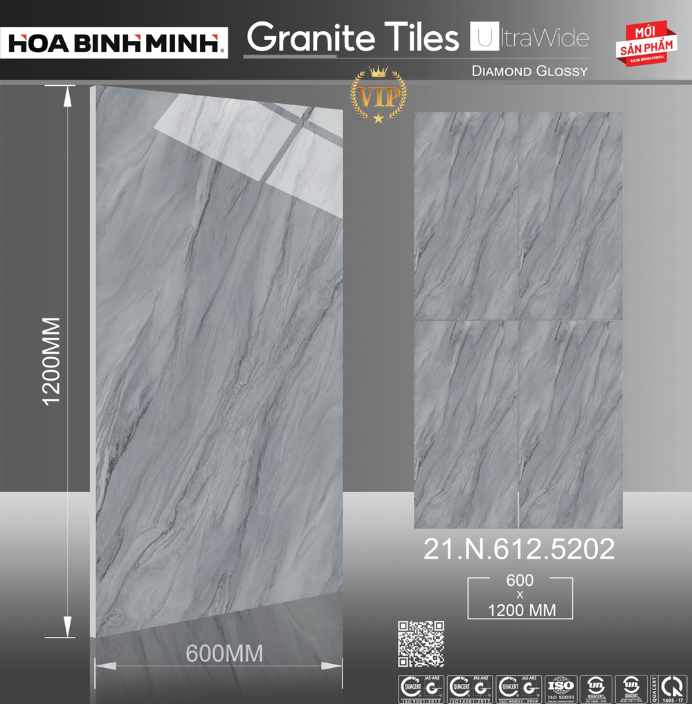 21.N.612.5202 với kích thước 600x1200mm - Granite Tiles tone xám quý phái, hiện đại, cuốn hút