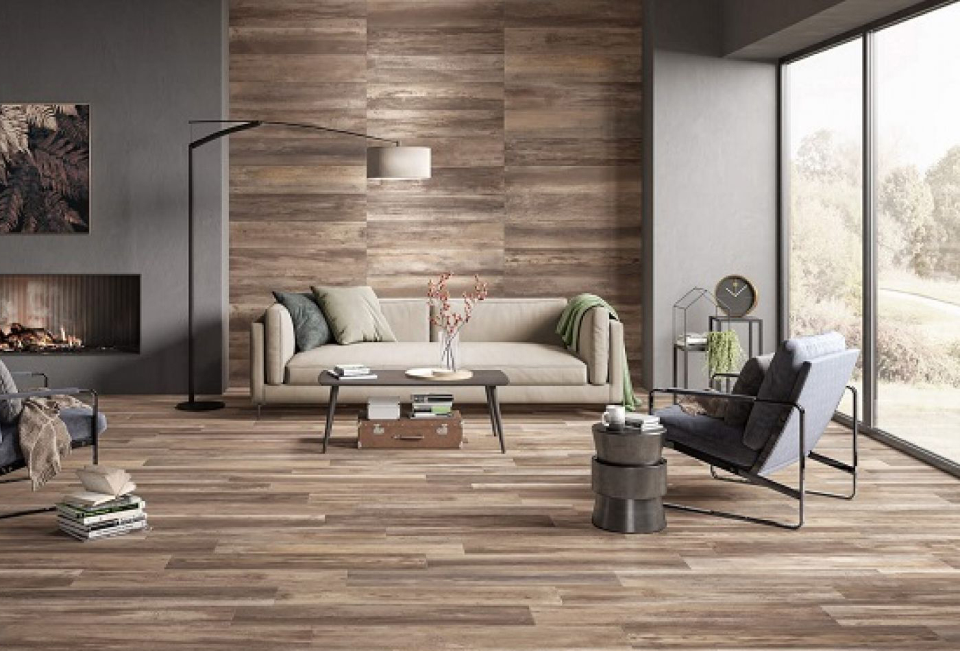 Không gian phòng khách sẽ trở nên ấm áp với họa tiết gahcj ốp vân gỗ.